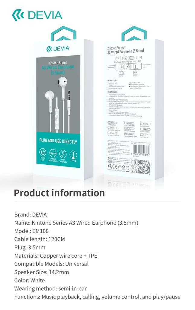 Devia Kintone Series A3 Wired Earphone (3.5mm) - White 9