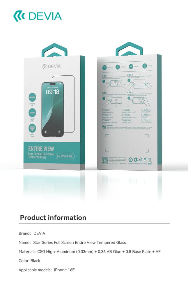 DEVIA Star Series Full Screen Entire View Tempered Glass -  iPhone 16E 8