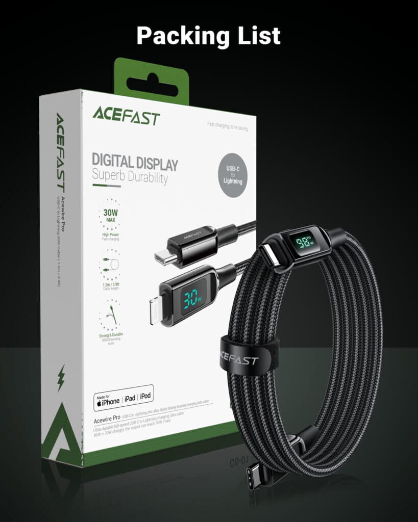 ACEFAST USB-C to USB-C 100W zinc alloy digital display braided charging data cable 9