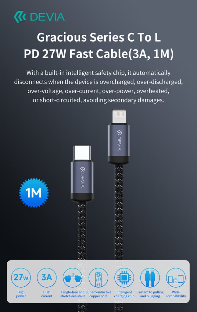 Devia Gracious Series  type-C To Lightning PD 27W Fast Cable(3A,1M) 3