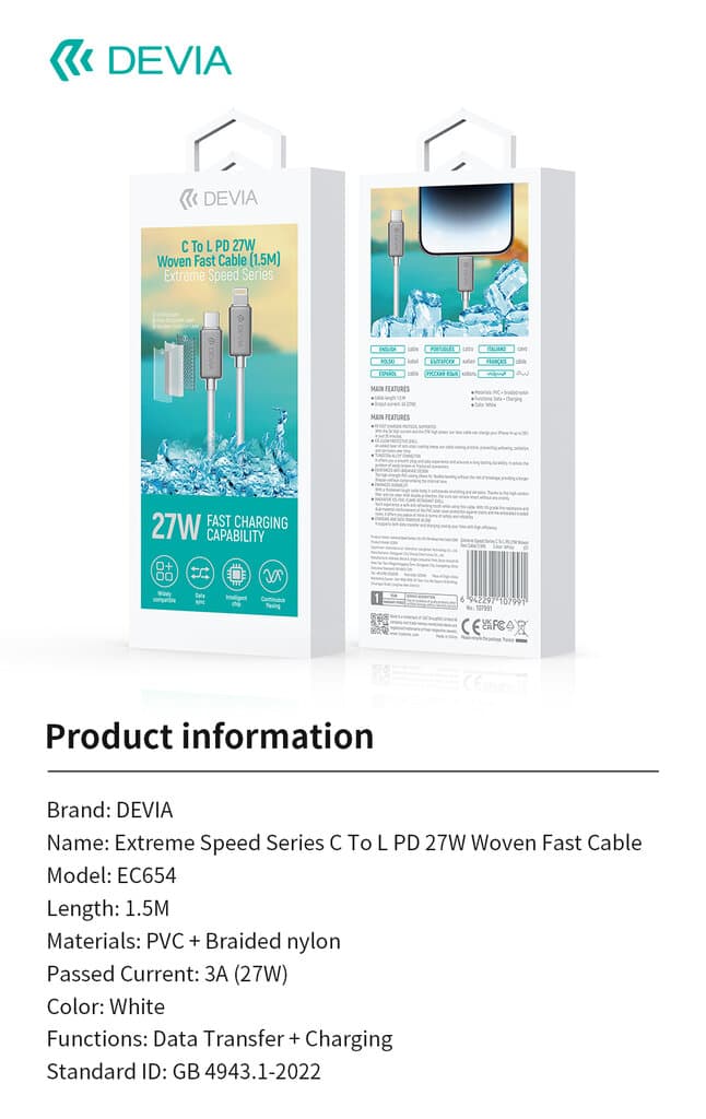 Devia Extreme Speed Series C To L PD 27W Woven Fast Cable (1.5M) - White 8