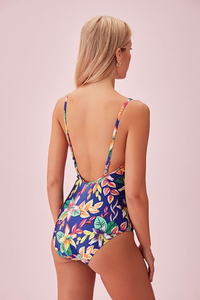 SUWEN V Neck Frilled Sax Swimsuit - Sax Tropical - 36 4
