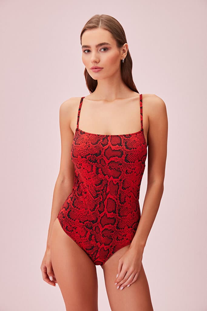 SUWEN Back Detailed Printed Swimsuit - Red Snake - 42