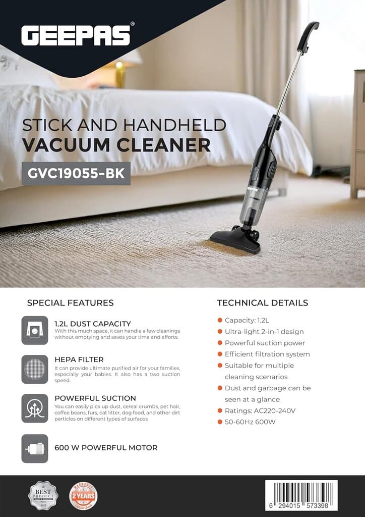 Geepas Stick & Handheld Vacuum Cleaner - GVC19055-BK (Black) 6