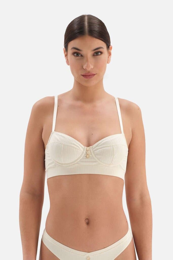 Dagi Beige Ribbed Balconette Bra with Button Detail
