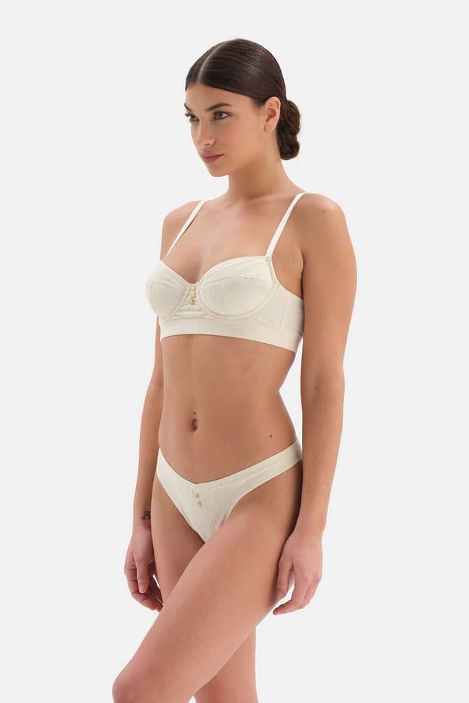Dagi Beige Ribbed Balconette Bra with Button Detail 3