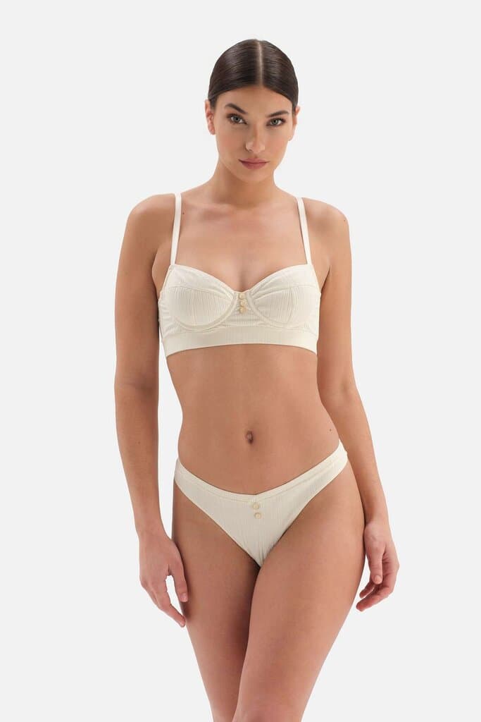 Dagi Beige Ribbed Balconette Bra with Button Detail 4