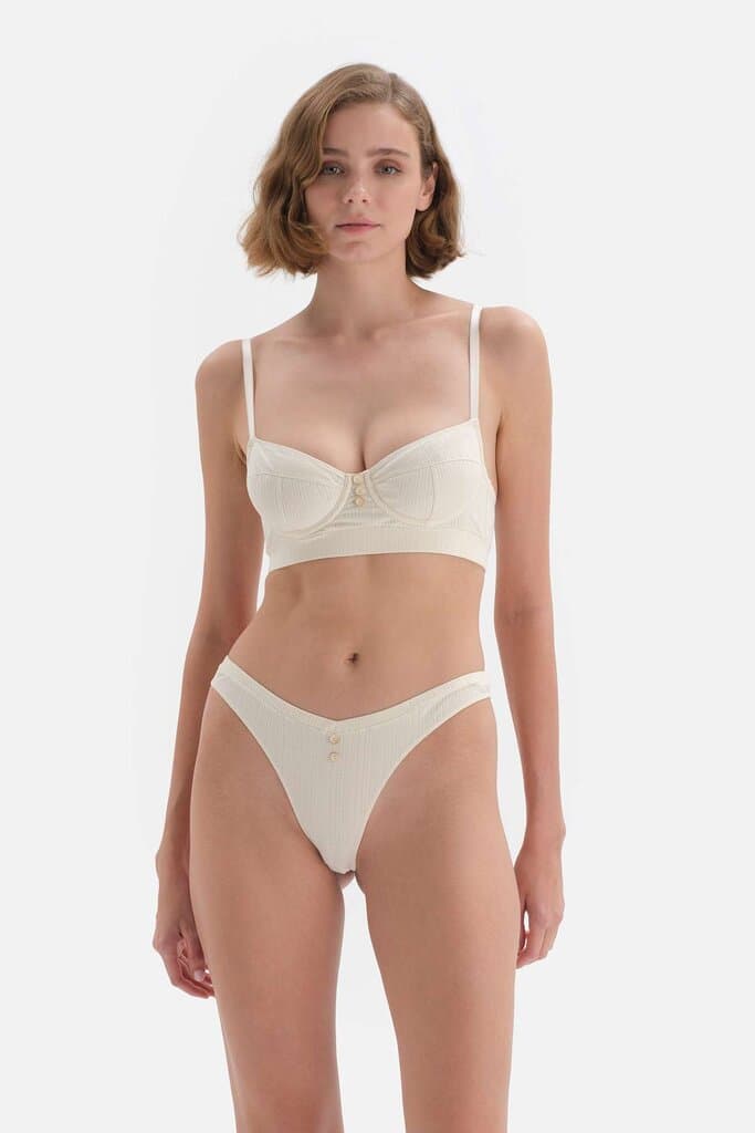 Dagi Beige Ribbed Balconette Bra with Button Detail 10