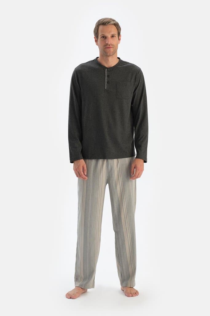Dagi Anthracite Melange Striped Pajama Set with Patch Pockets 4