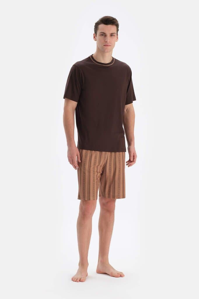 Dagi Dark Brown Bicycle Collar Short Sleeve T-Shirt and Shorts Pajama Set 4