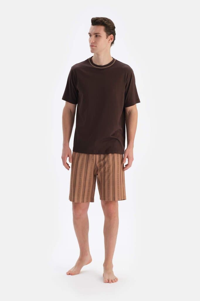 Dagi Dark Brown Bicycle Collar Short Sleeve T-Shirt and Shorts Pajama Set 5