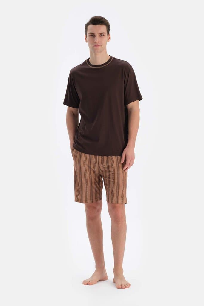 Dagi Dark Brown Bicycle Collar Short Sleeve T-Shirt and Shorts Pajama Set