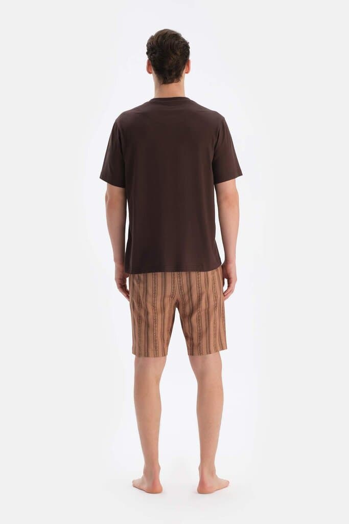 Dagi Dark Brown Bicycle Collar Short Sleeve T-Shirt and Shorts Pajama Set 2