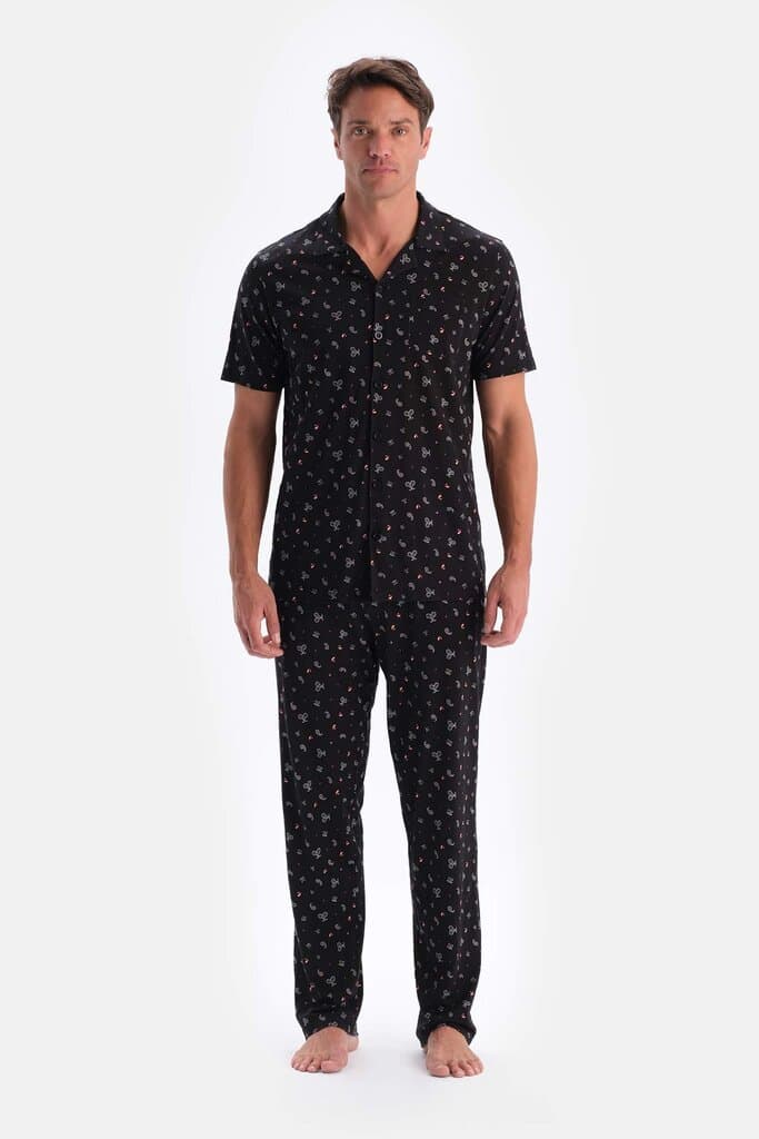 Dagi Black Print Cotton Modal Shirt and Pants Pajama Set 4