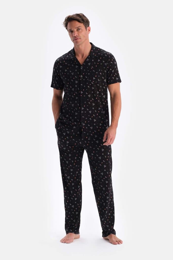 Dagi Black Print Cotton Modal Shirt and Pants Pajama Set