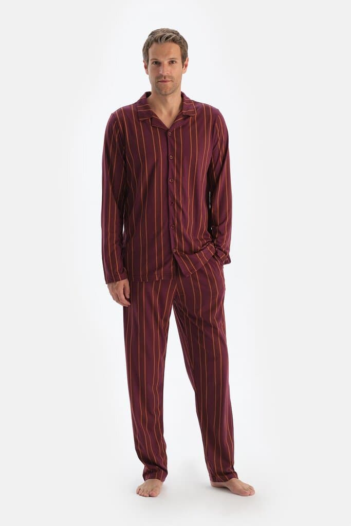 Dagi Burgundy Striped Long-Sleeve Shirt and Pant Pajama Set 4