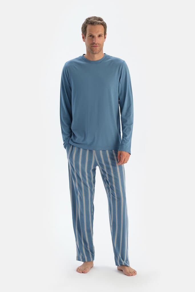Dagi Blue Bicycle Collar Long-Sleeved T-Shirt and Pants Pajama Set 4
