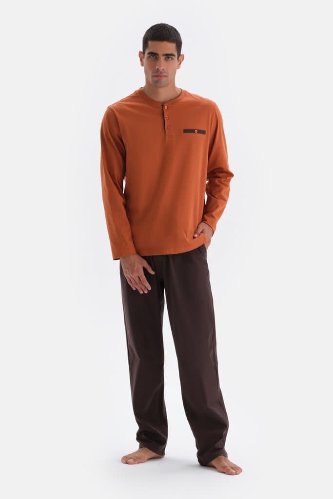Dagi Brown Half-Button Long-Sleeve Knit Pajama Set 8