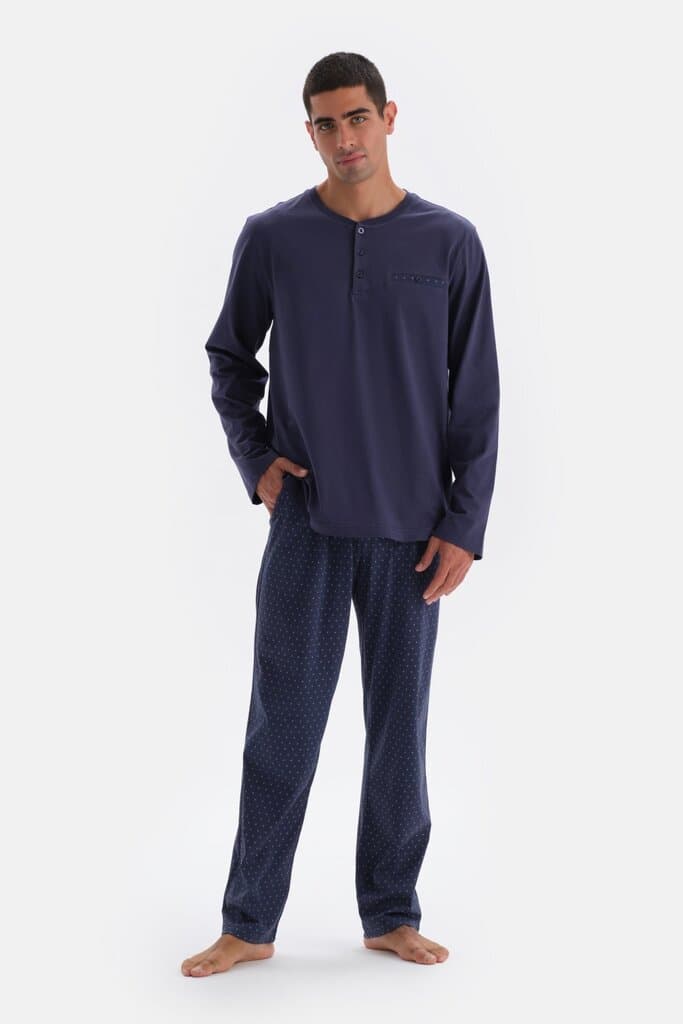 Dagi Navy Blue Long-Sleeve Printed Cotton Pajama Set 7