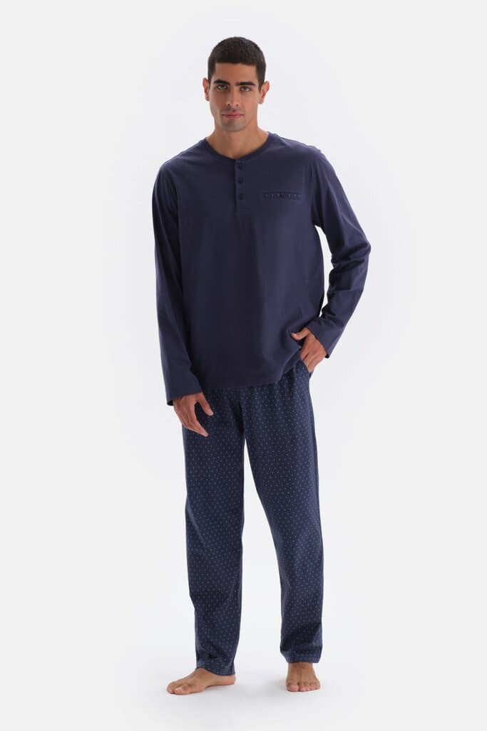 Dagi Navy Blue Long-Sleeve Printed Cotton Pajama Set