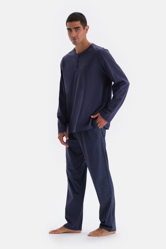 Dagi Navy Blue Long-Sleeve Printed Cotton Pajama Set 3