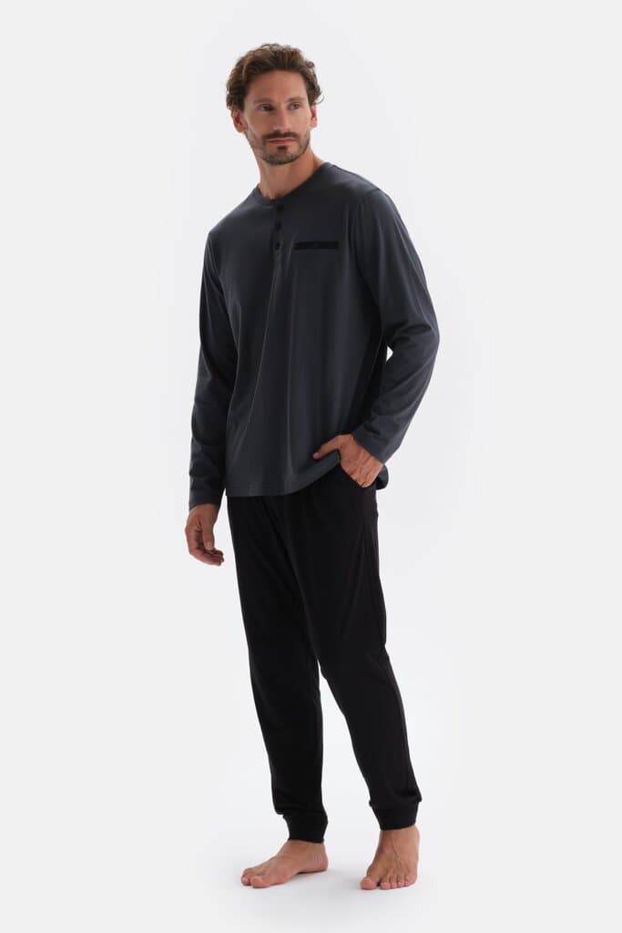 Dagi Anthracite Half-Button Long-Sleeve Cotton Modal Pajama Set 3