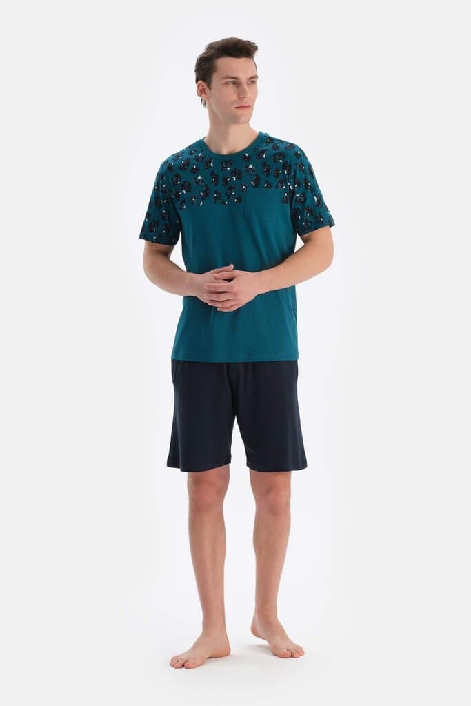 Dagi Petrol Green Bis Asymmetrical Collar Trimmed Shorts Pyjama Set 5