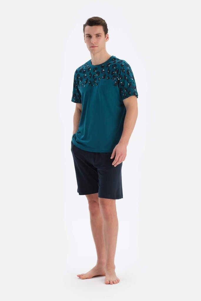 Dagi Petrol Green Bis Asymmetrical Collar Trimmed Shorts Pyjama Set 6