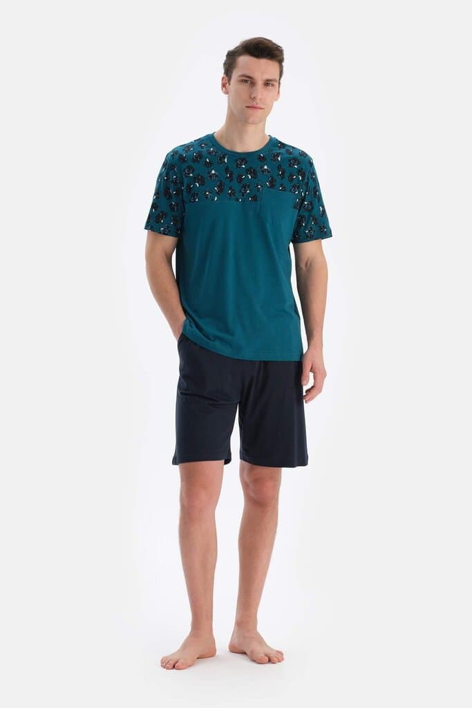 Dagi Petrol Green Bis Asymmetrical Collar Trimmed Shorts Pyjama Set 4