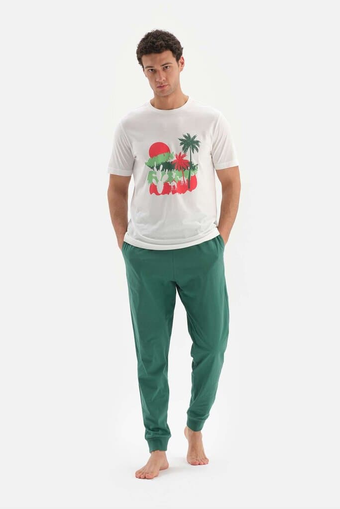 Dagi Off-White Modal Pajama Set with Bike Collar Print