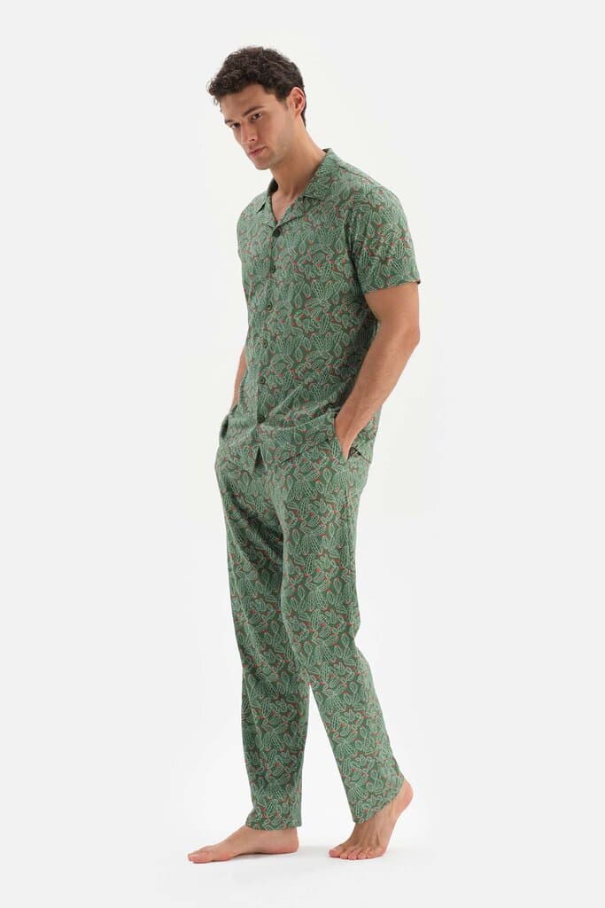 Dagi Green Modal Pajama Set with Shirt Collar Print 3
