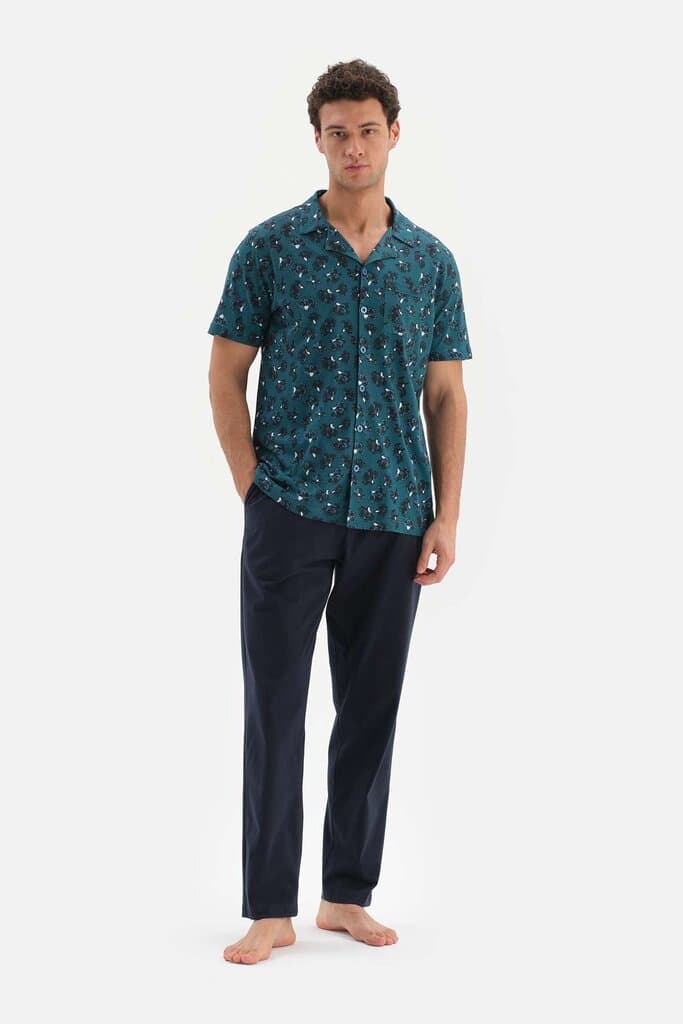 Dagi Petrol Green Knit Pajama Set with Shirt Collar Design 6