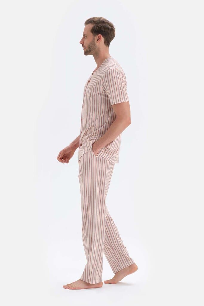 Dagi Off-White Striped Short-Sleeve V-Neck Cotton Pajama Set 3