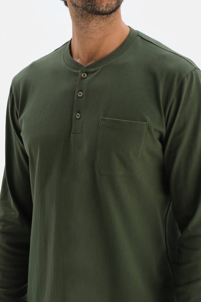 Dagi Khaki Long-Sleeve Cotton Pajama Set with Button-Down Collar 6