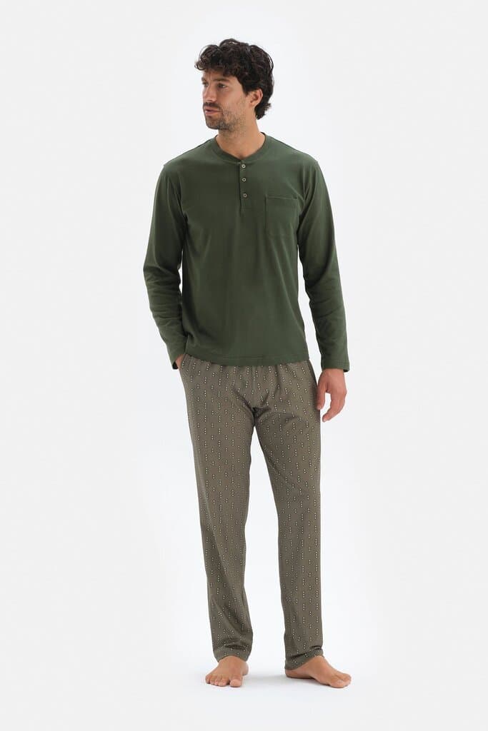 Dagi Khaki Long-Sleeve Cotton Pajama Set with Button-Down Collar 4