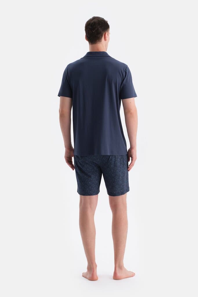 Dagi Navy Blue Polo Collar Shirt and Shorts Set with Understated Pattern 2