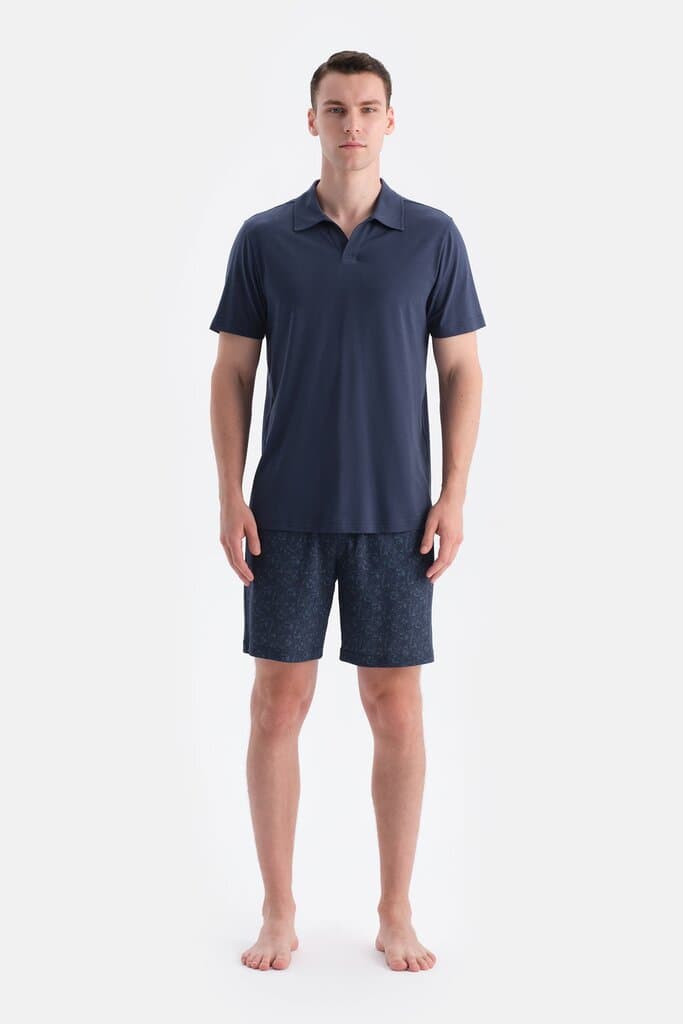 Dagi Navy Blue Polo Collar Shirt and Shorts Set with Understated Pattern 4