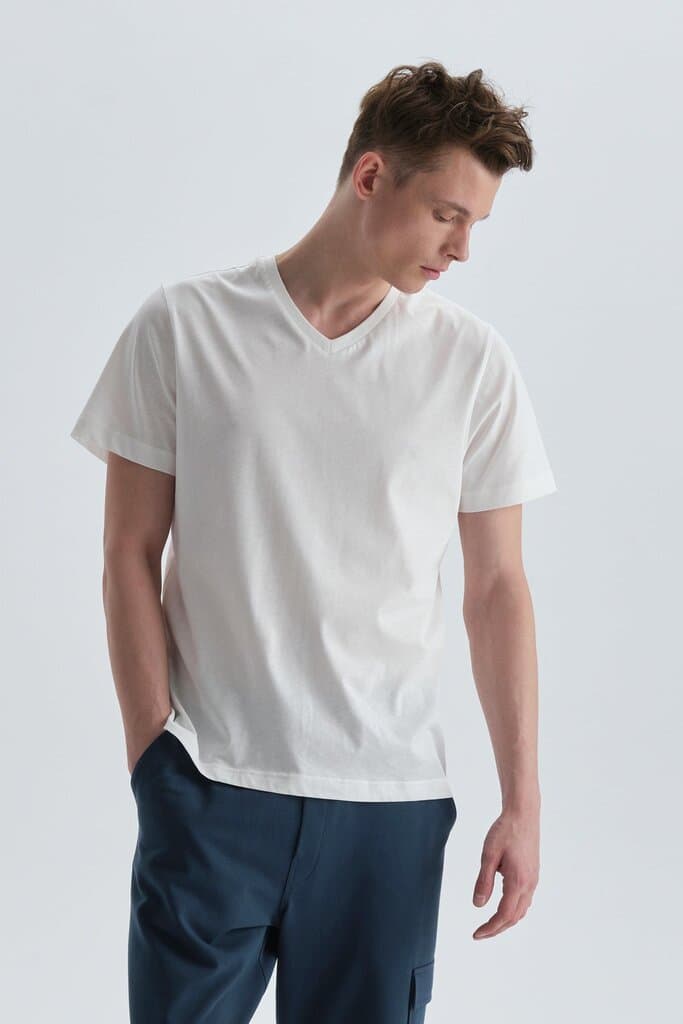 Dagi White Cotton V-Neck T-Shirt