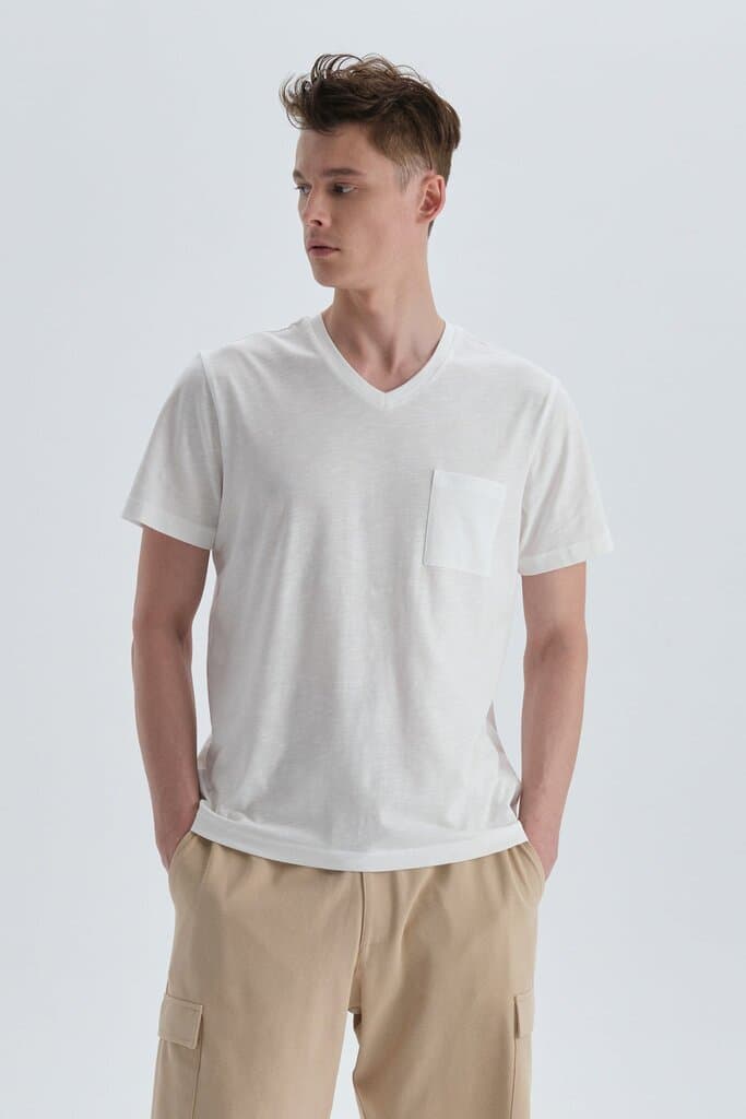 Dagi Ecru Cotton V-Neck T-Shirt