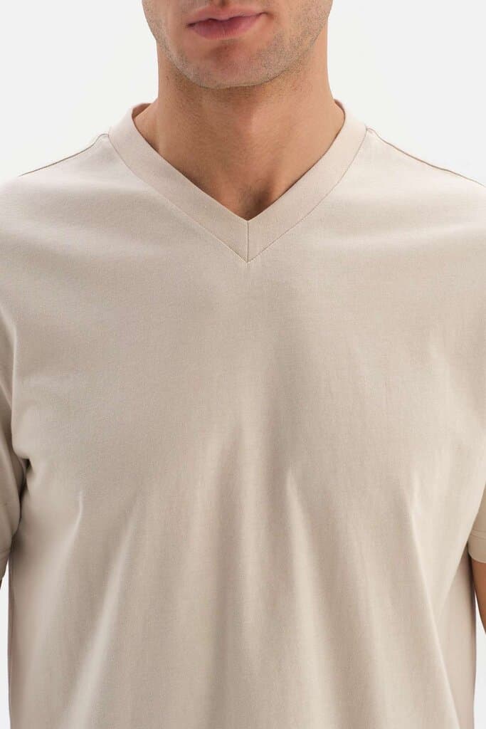 Dagi Beige V-Neck Basic Supima T-Shirt 4