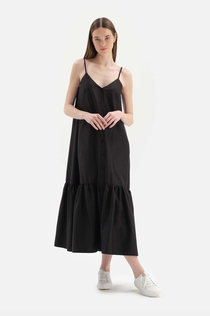 Dagi Black Long Woven Dress with Shoulder Straps and Front Buttons
