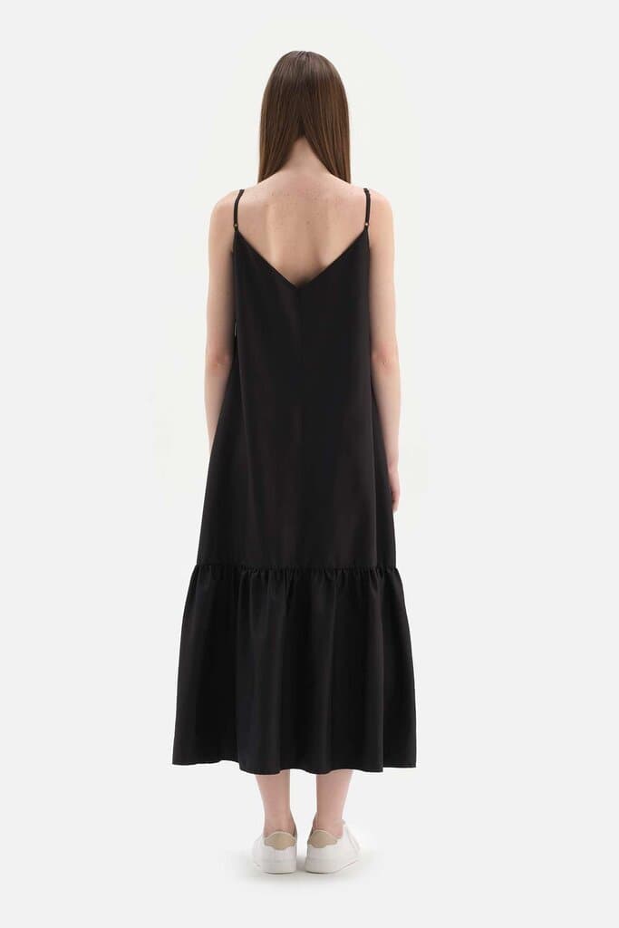 Dagi Black Long Woven Dress with Shoulder Straps and Front Buttons 2
