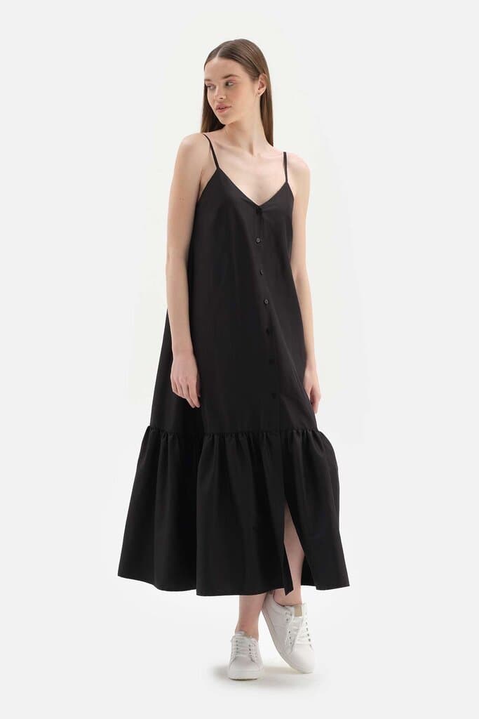 Dagi Black Long Woven Dress with Shoulder Straps and Front Buttons 3
