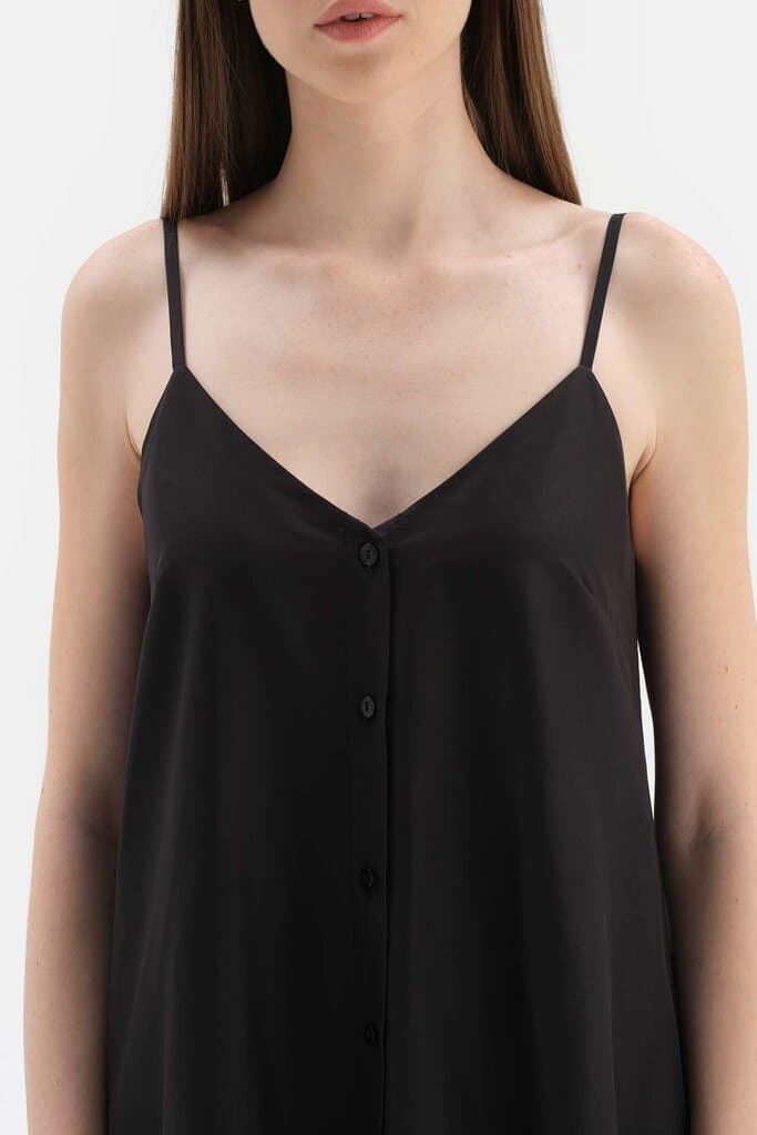 Dagi Black Long Woven Dress with Shoulder Straps and Front Buttons 4