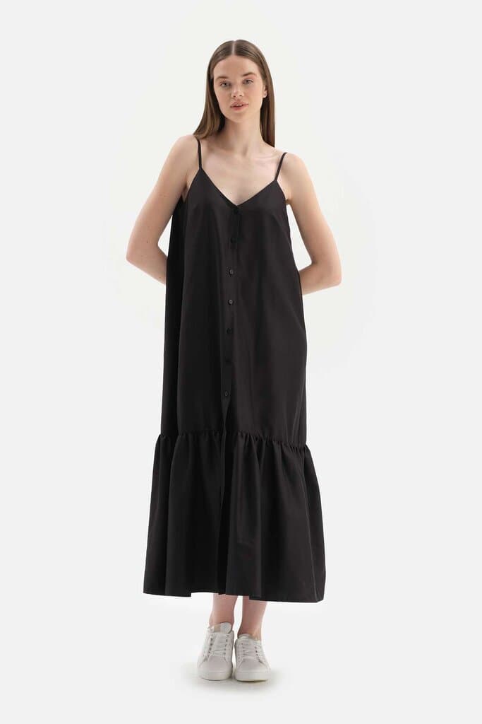 Dagi Black Long Woven Dress with Shoulder Straps and Front Buttons 5