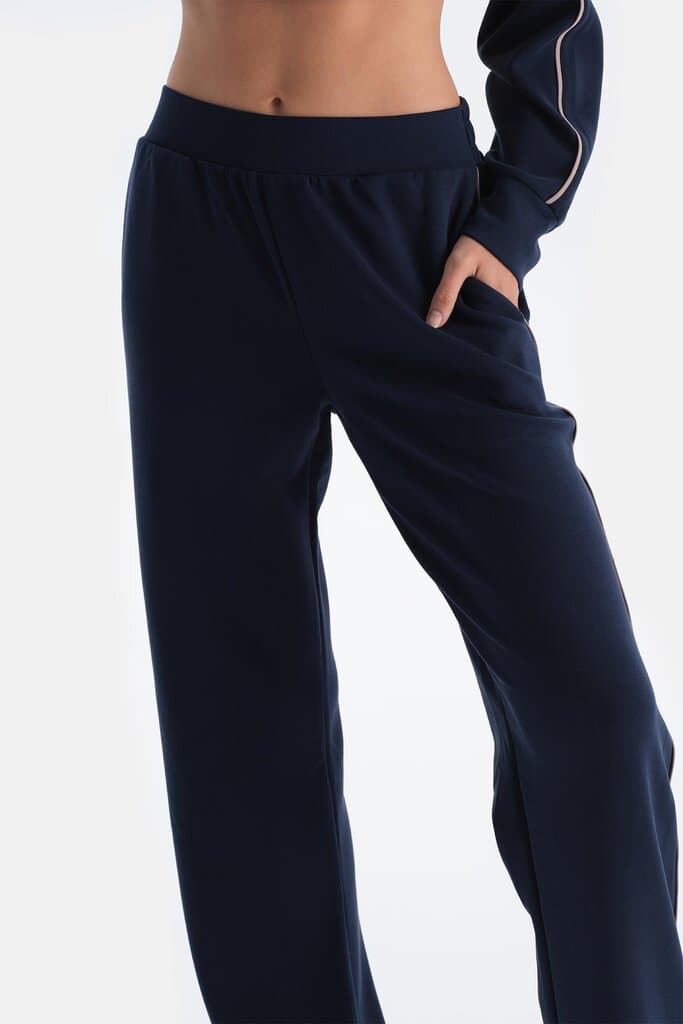 Dagi Navy Blue Women's Modal Tracksuit Bottoms with Single Stripe Detail 5