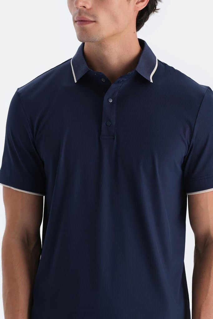 Dagi Navy Blue Men's Technical Fabric Polo Shirt with Detail 4