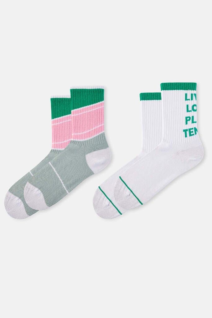 Dagi Women's 2-Pack Green and White Slogan Sports Socks