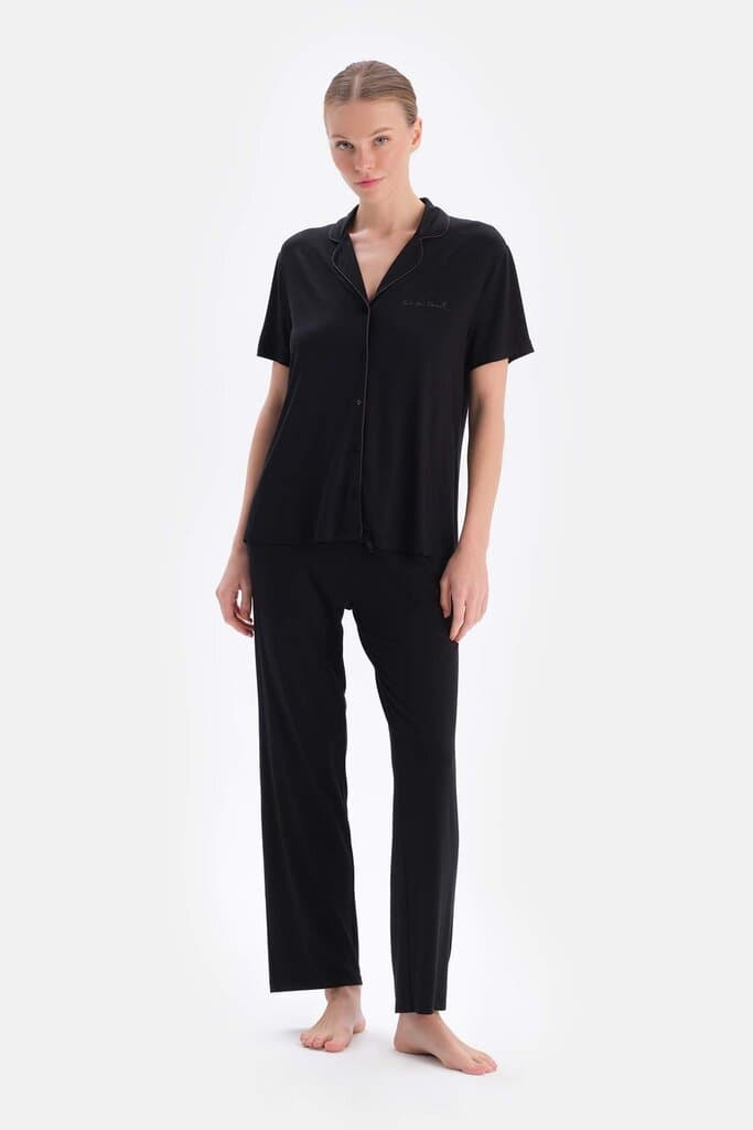 Dagi Black Viscose Pajama Set with Embroidery Details 7