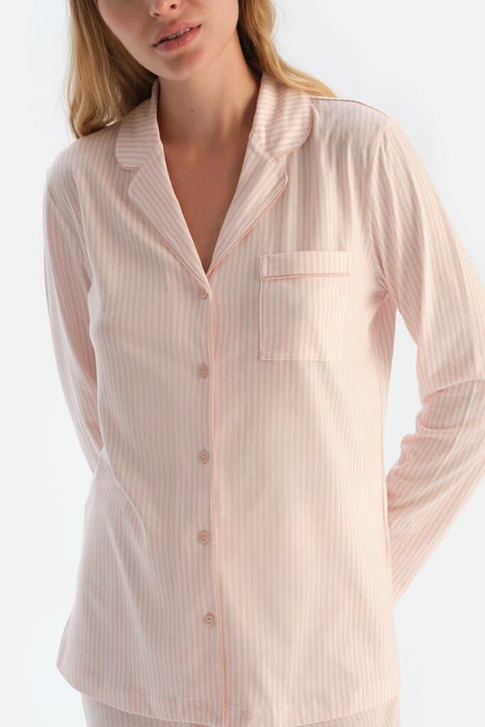 Dagi Light Pink Striped Cotton Modal Pajama Set 5